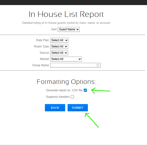 In House List report selection